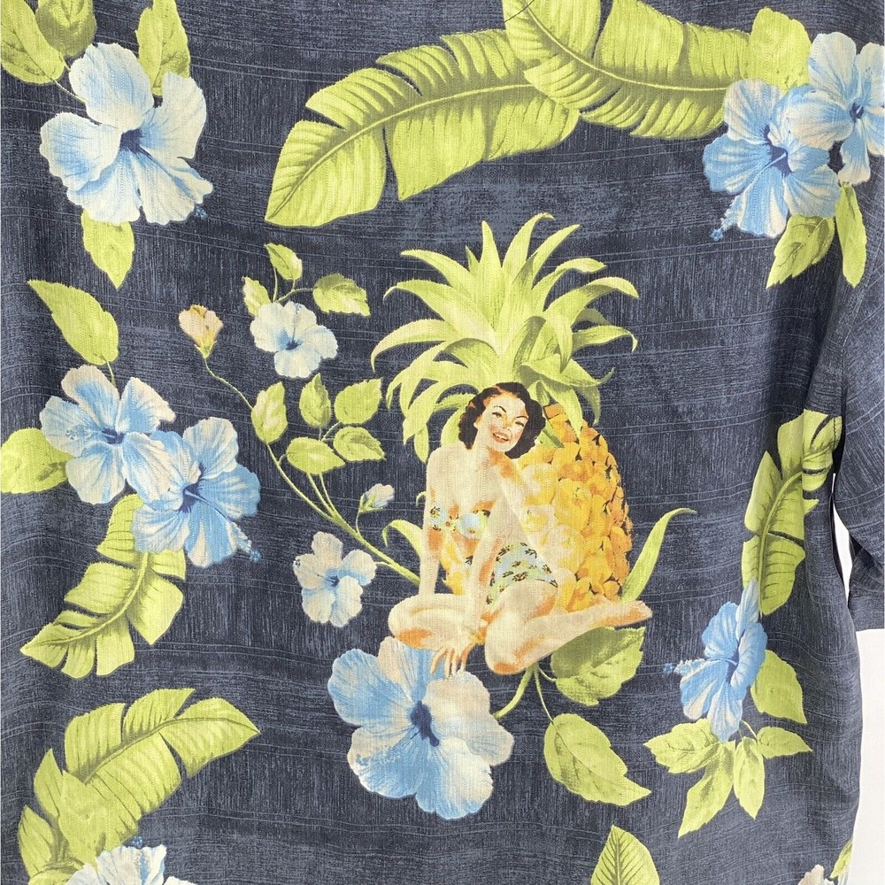 Tommy Bahama Hawaiian Silk Shirt Mens Large Pineapple Pin Up Girl Short Sleeve - Picture 2 of 9